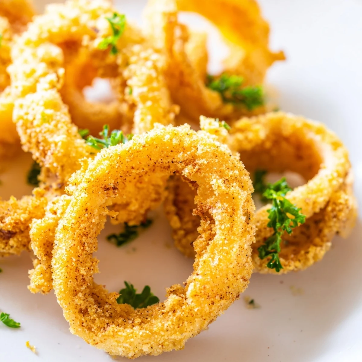 A close-up highlights Crispy Calamari with Marinara Sauce, featuring crunchy rings and a rich red dipping sauce.