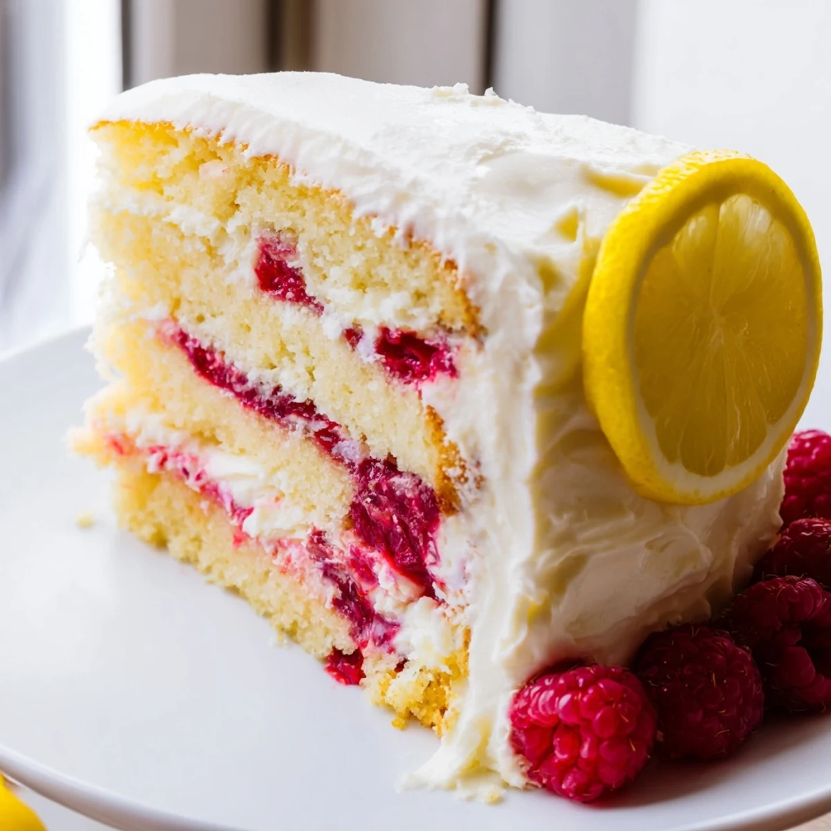 Lemon Raspberry Layer Cake slices revealing moist lemon layers, tangy raspberry jam, and smooth lemon cream cheese frosting on a plate.