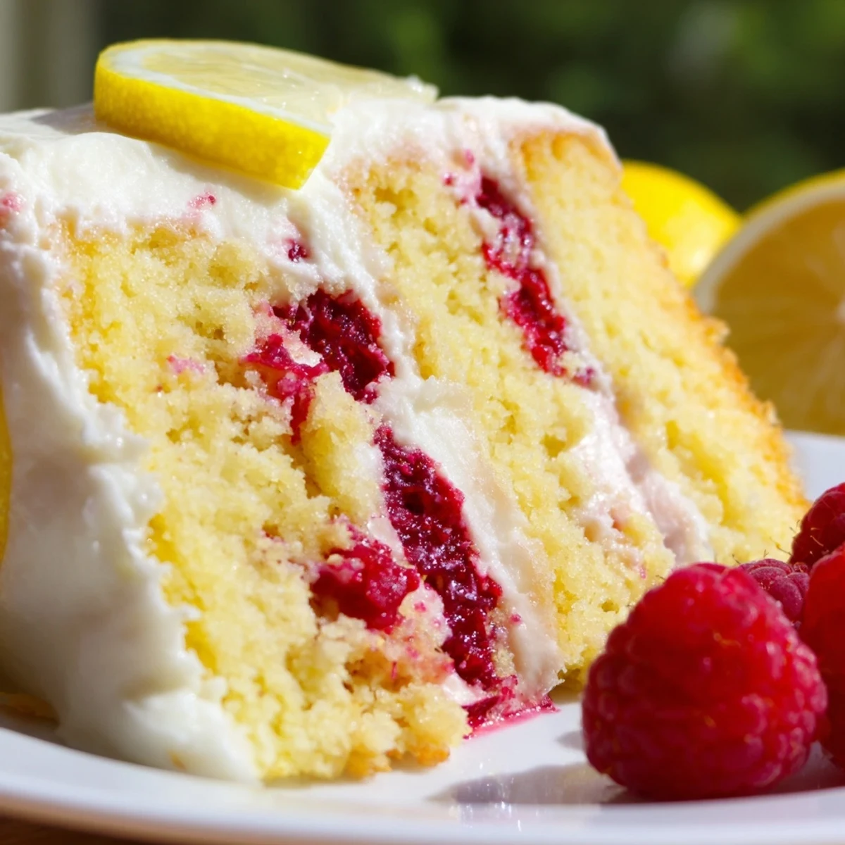 Freshly baked Lemon Raspberry Layer Cake with fluffy lemon sponge, vibrant raspberry filling, and creamy frosting, perfect for birthdays.