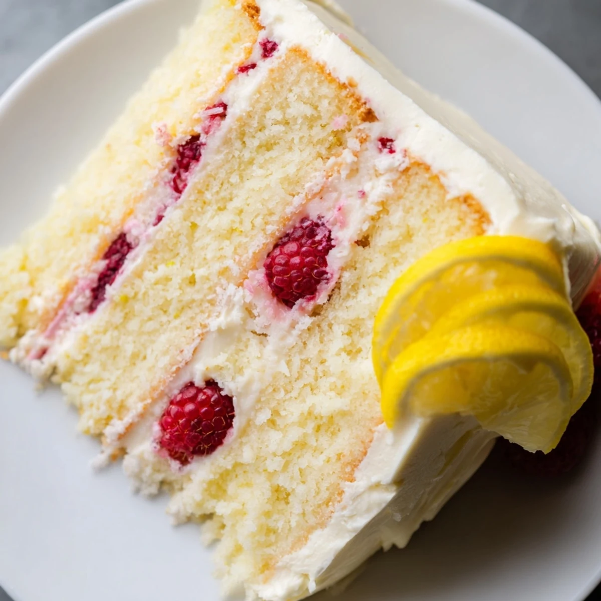 A beautiful Lemon Raspberry Layer Cake decorated with fresh raspberries and lemon slices, ideal for an afternoon tea party or celebration.