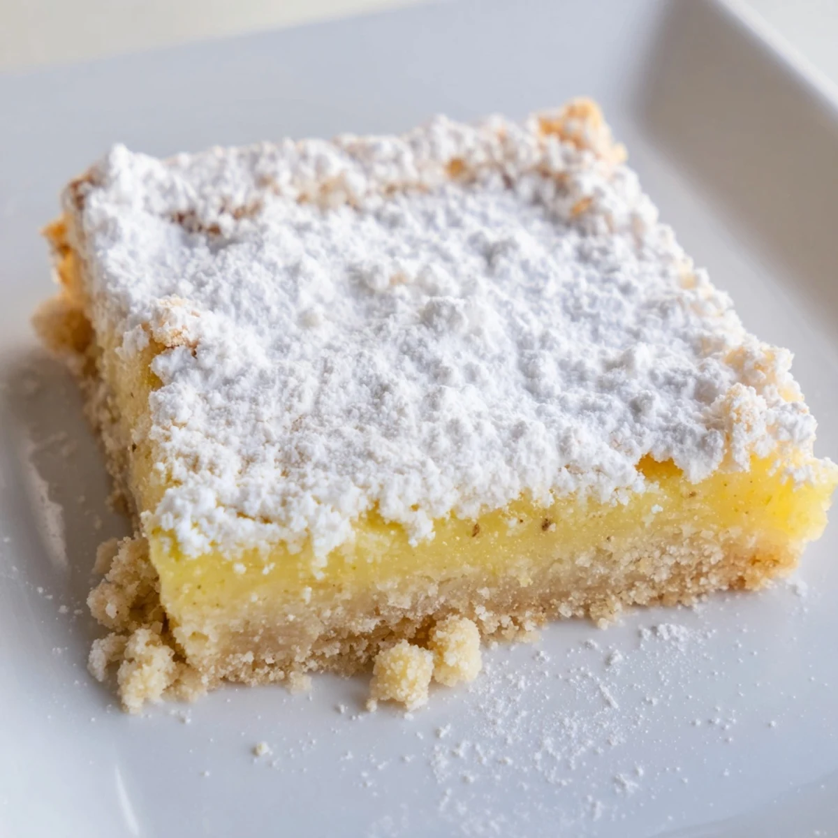 Golden-baked Lemon Treat Bars with a buttery shortbread crust, dusted with powdered sugar, cut into neat squares.