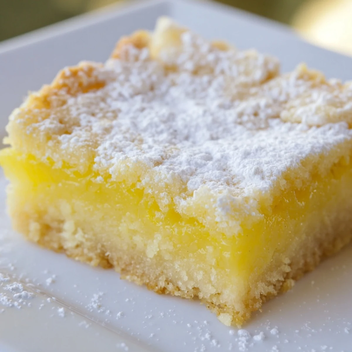 A close-up of Lemon Treat Bars showcasing a vibrant yellow filling and a crumbly, golden-brown crust.
