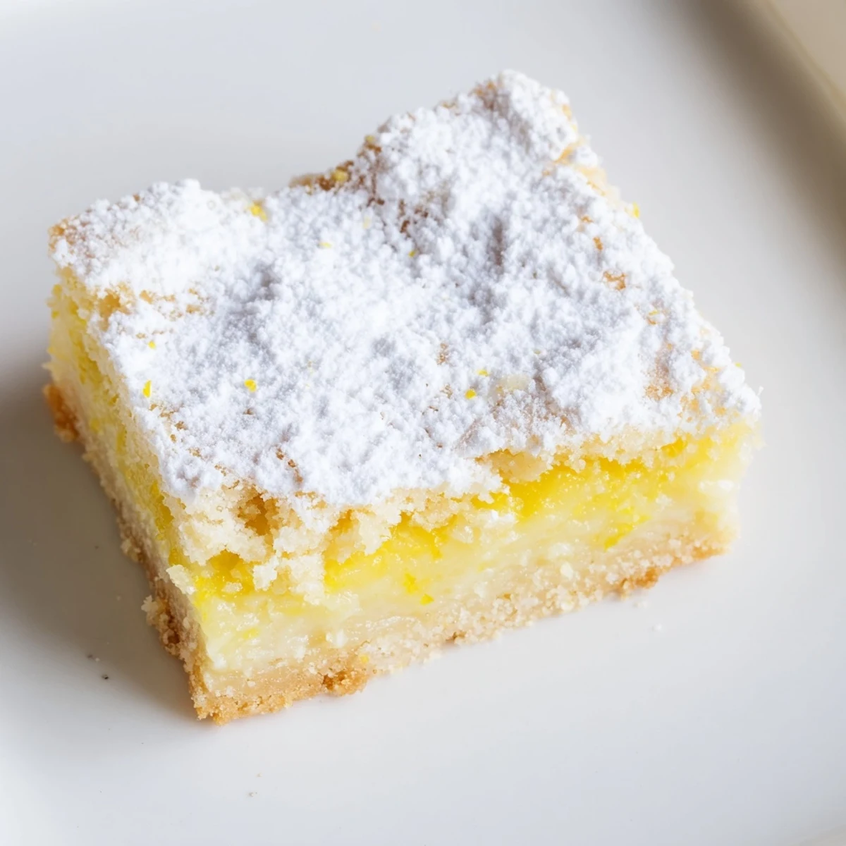 Lemon Treat Bars resting on a white plate next to a cup of tea and fresh lemon slices.