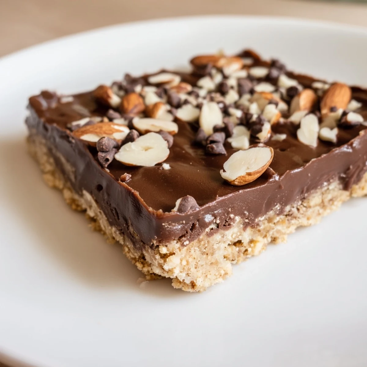 Freshly cut Chocolate Treat Bars with a buttery graham cracker base and a rich, glossy chocolate layer topped with chopped almonds.