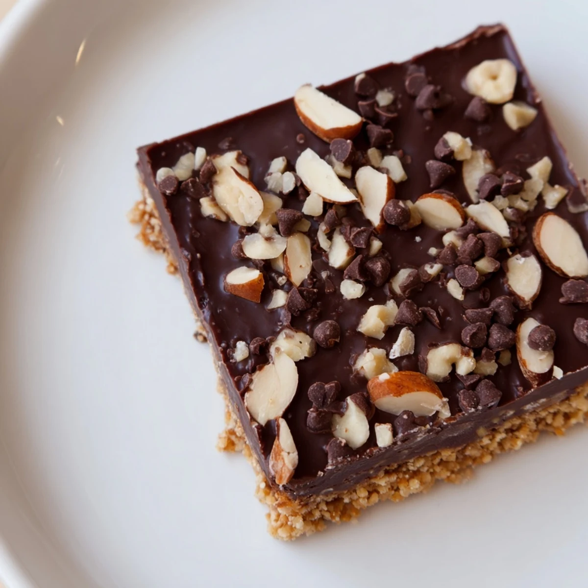 A no-bake Chocolate Treat Bar cut into squares, sprinkled with sea salt and mini chocolate chips on a marble counter.