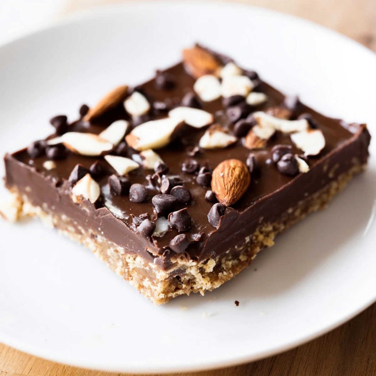 Homemade Chocolate Treat Bars with a smooth chocolate topping and nuts, served on a rustic wooden board next to a coffee mug.