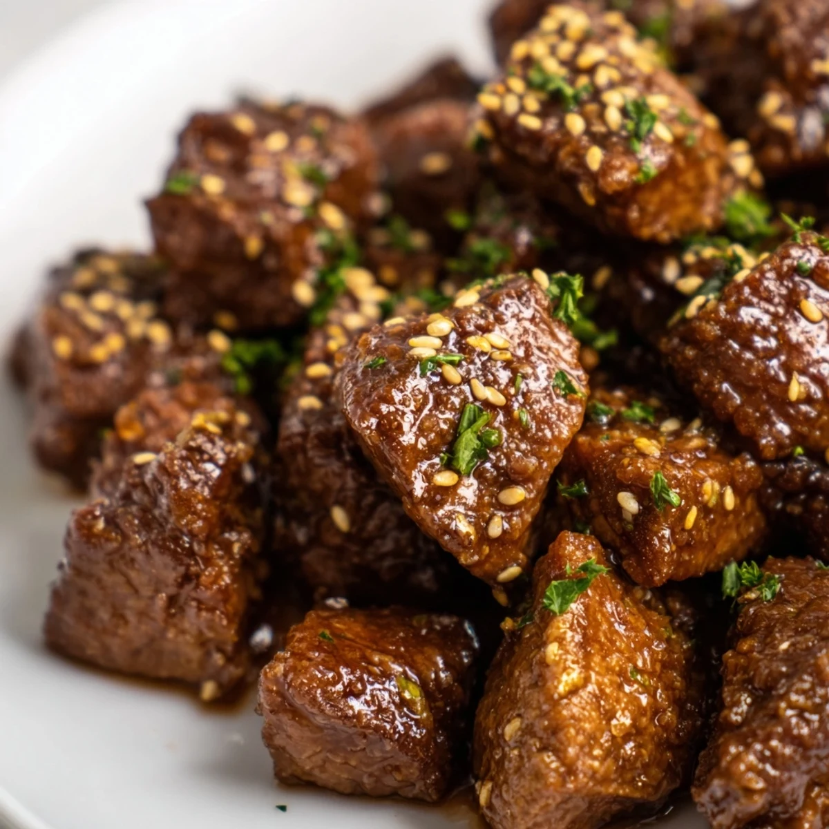 Savory beef treat bites are freshly baked on a sheet pan, glistening with a smoky glaze and flecked with sesame seeds.