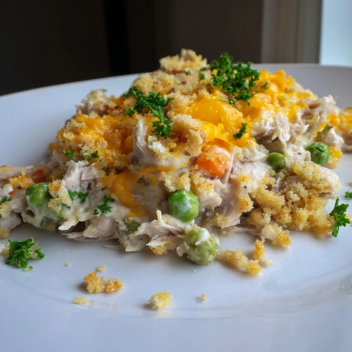 Hearty slice of Turkey Dish Casserole on a plate, showing creamy turkey and peas inside.