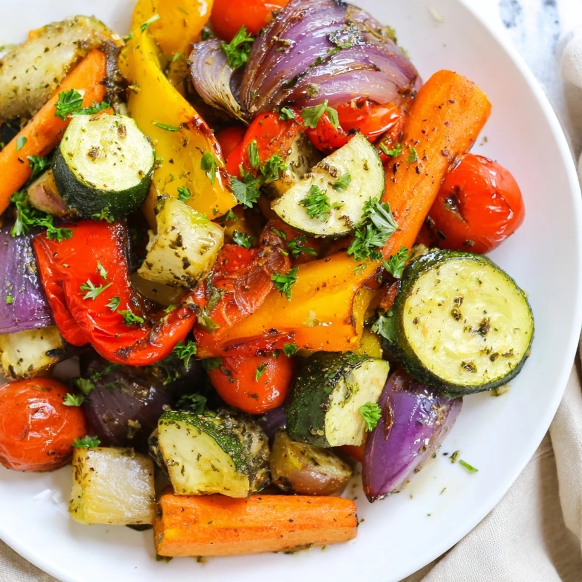 A close-up of the Roasted Vegetable Medley shows tender, charred veggies topped with fresh parsley. 