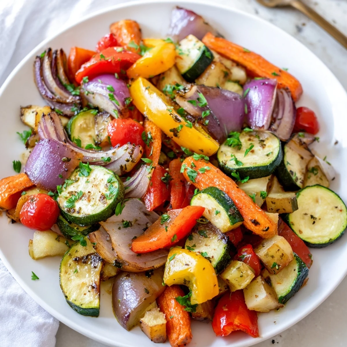 Golden roasted vegetables from the Roasted Vegetable Medley, sizzling on a sheet pan with caramelized edges. 