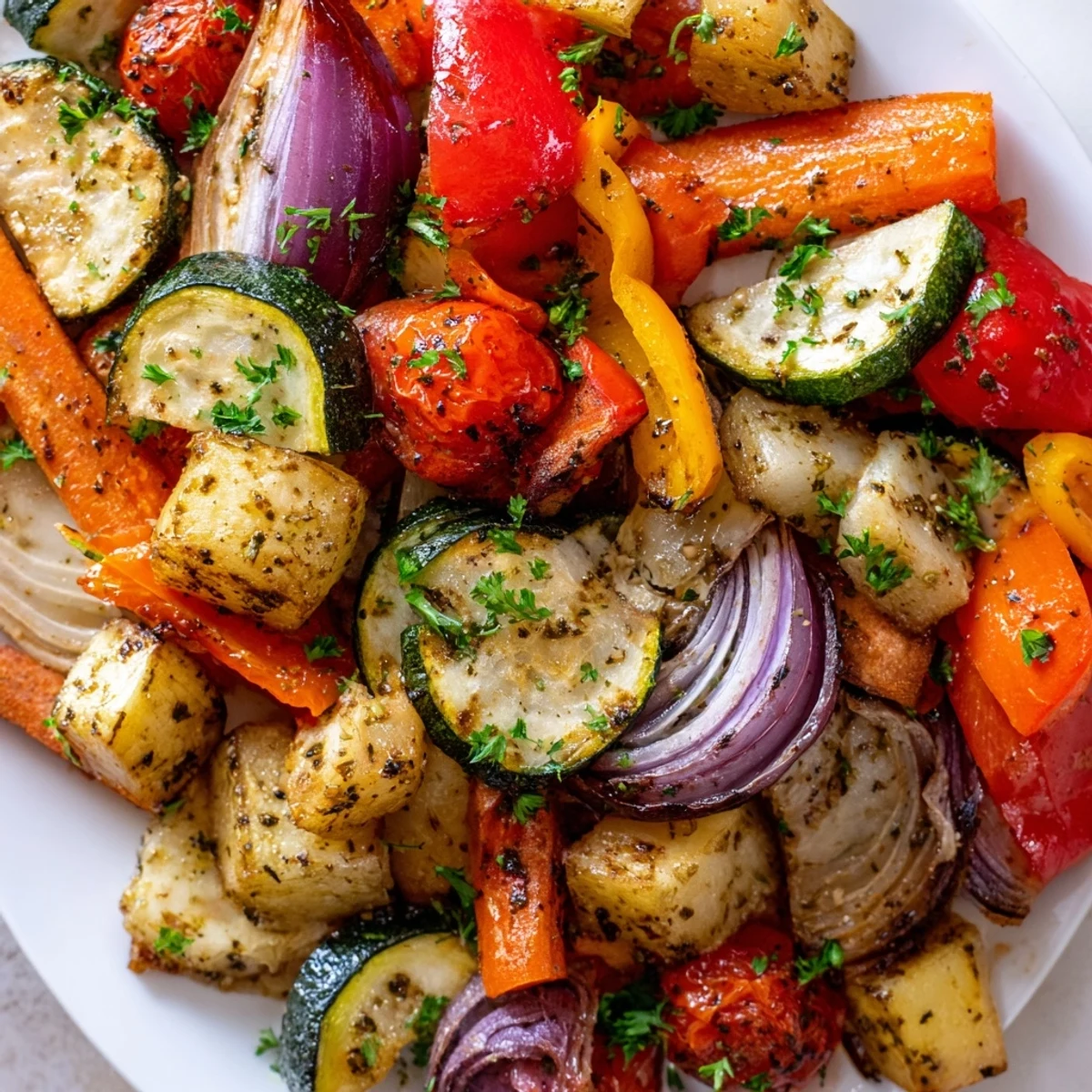 Serving suggestion for the Roasted Vegetable Medley spooned over fluffy quinoa in a rustic white bowl.