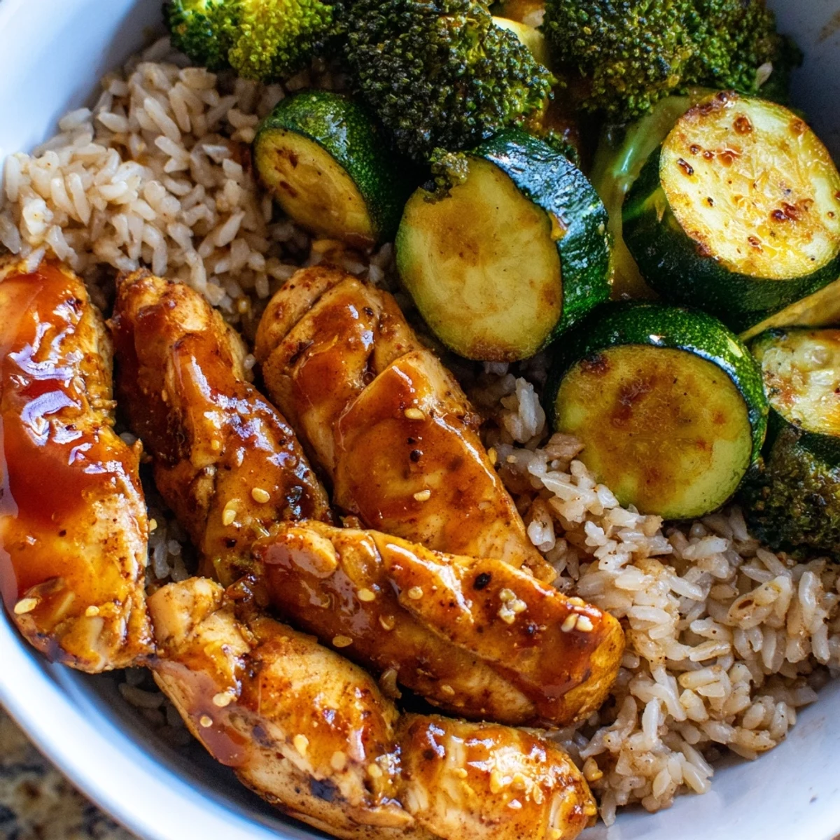 Drizzling a honey-soy glaze over baked chicken and vegetables served with fluffy rice for a healthy lunch.