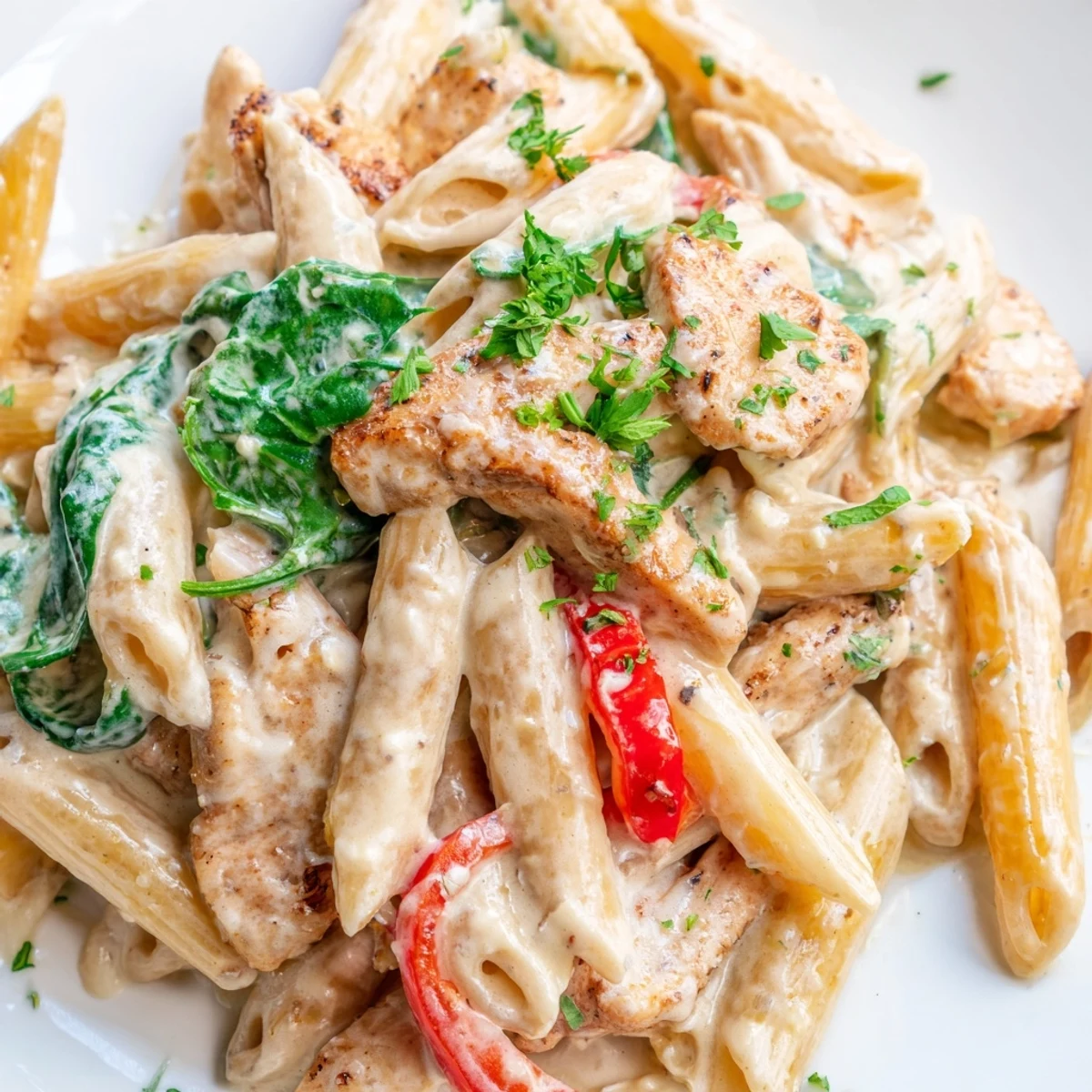 Creamy Meal Pasta served in a white bowl with golden sautéed chicken, red bell pepper, and wilted spinach coated in a velvety Parmesan cream sauce.
