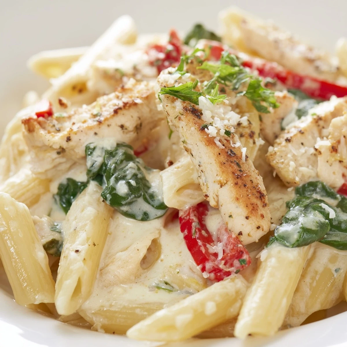 Steaming Creamy Meal Pasta twirled on a fork, revealing tender chicken strips and vibrant vegetables alongside crusty artisan bread on a rustic wooden table.