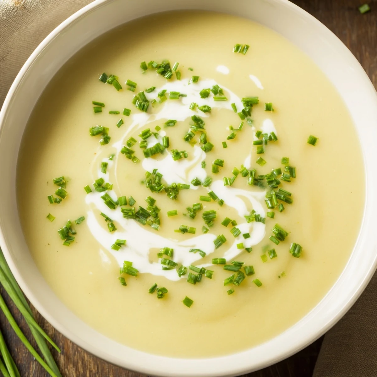 Rustic bowl of Creamy Potato Leek Soup with Chives, garnished with chives and a drizzle of cream beside crusty bread.