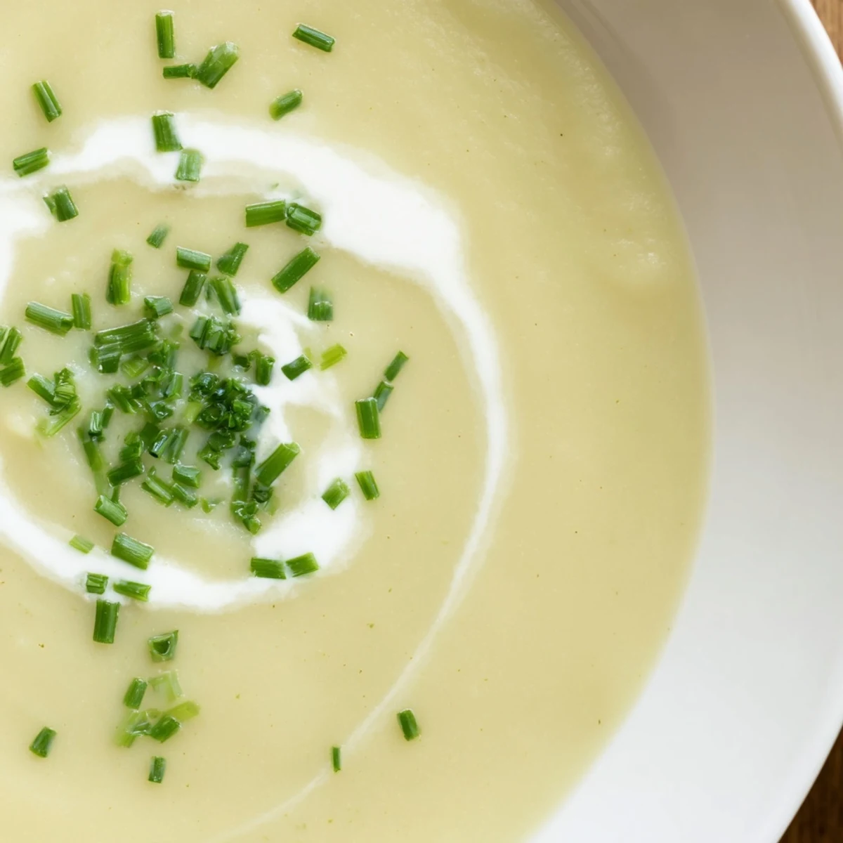 Creamy Potato Leek Soup with Chives served warm in a rustic bowl, garnished with fresh chives and a swirl of cream.