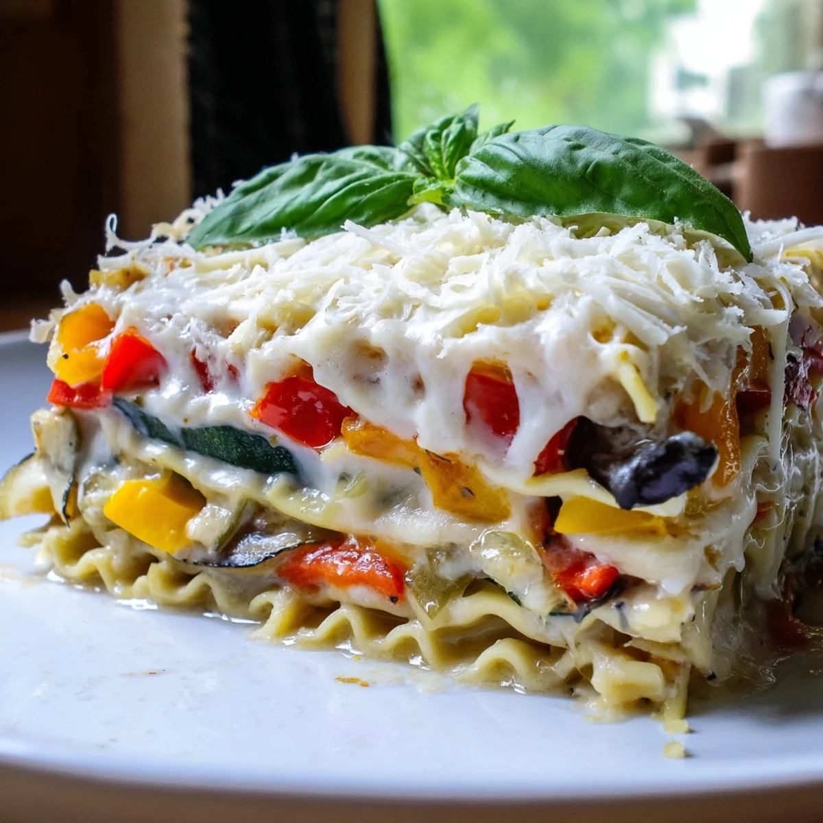 Golden, bubbly Parmesan and mozzarella top the roasted vegetable lasagna with white sauce, resting to set after baking.