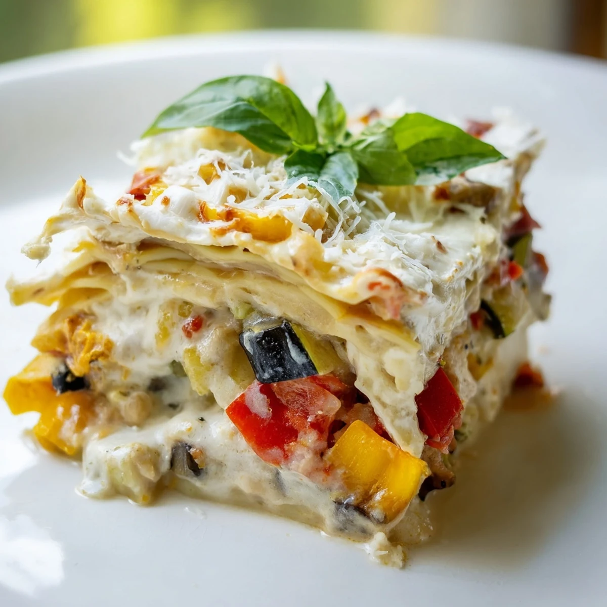 Fresh basil garnish crowns creamy slices of roasted vegetable lasagna with white sauce, plated for a satisfying vegetarian dinner.