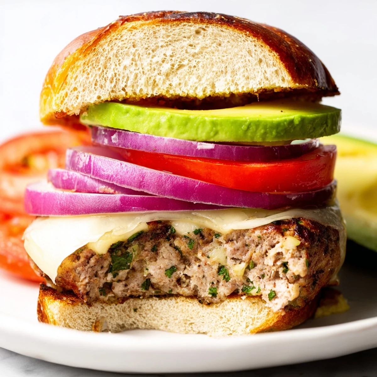 A juicy Turkey Burger with Avocado and Swiss Cheese sits on a toasted whole wheat bun with fresh lettuce.