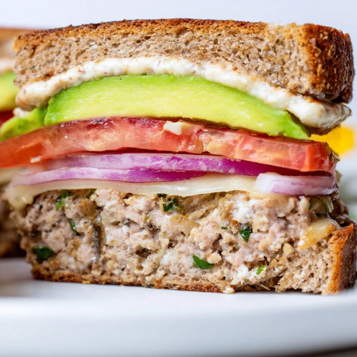 Melted Swiss cheese drips down a golden turkey patty topped with creamy avocado slices and red onion.