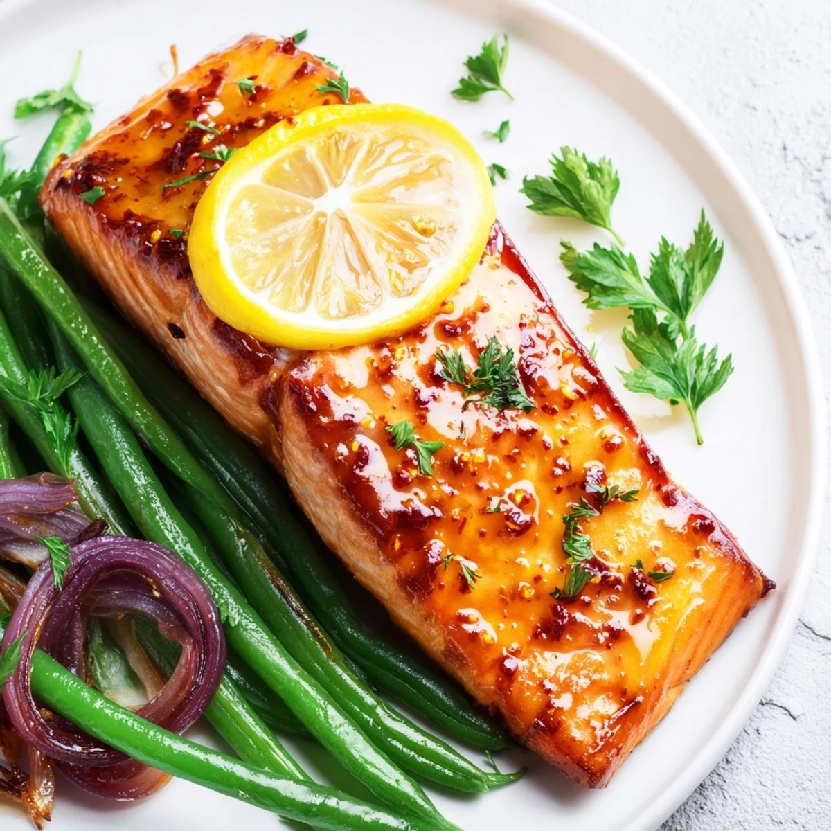 Golden-brown Sheet Pan Salmon and Green Beans roasted with lemon slices and garlic, glistening with olive oil and herbs on a baking sheet.