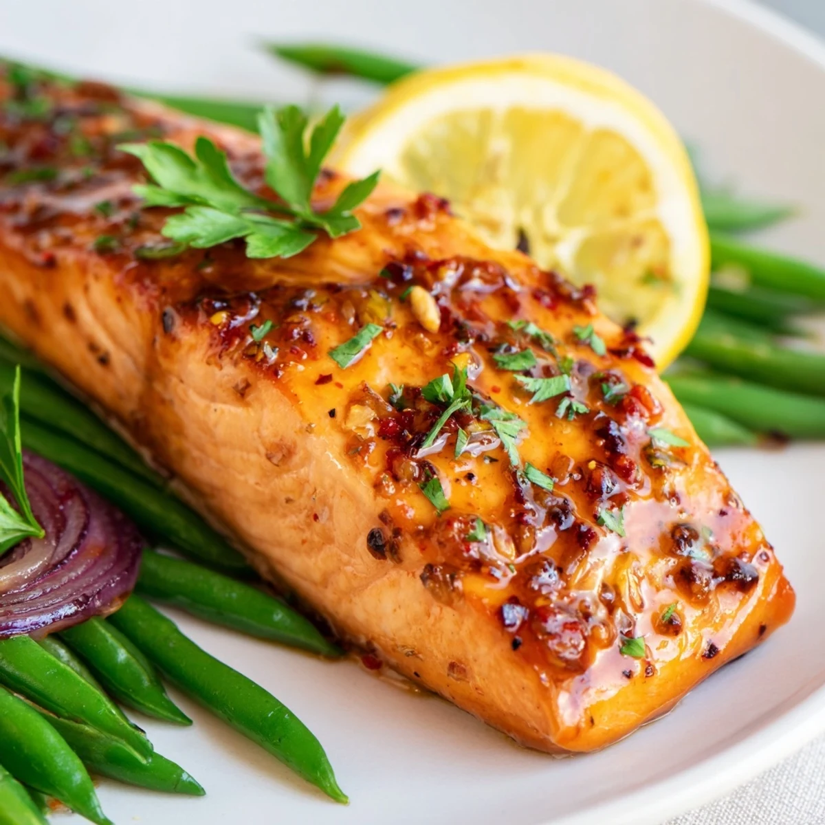 Tender salmon fillets and crisp green beans on a sheet pan with lemon-garlic marinade, ready to serve for a pescatarian meal.