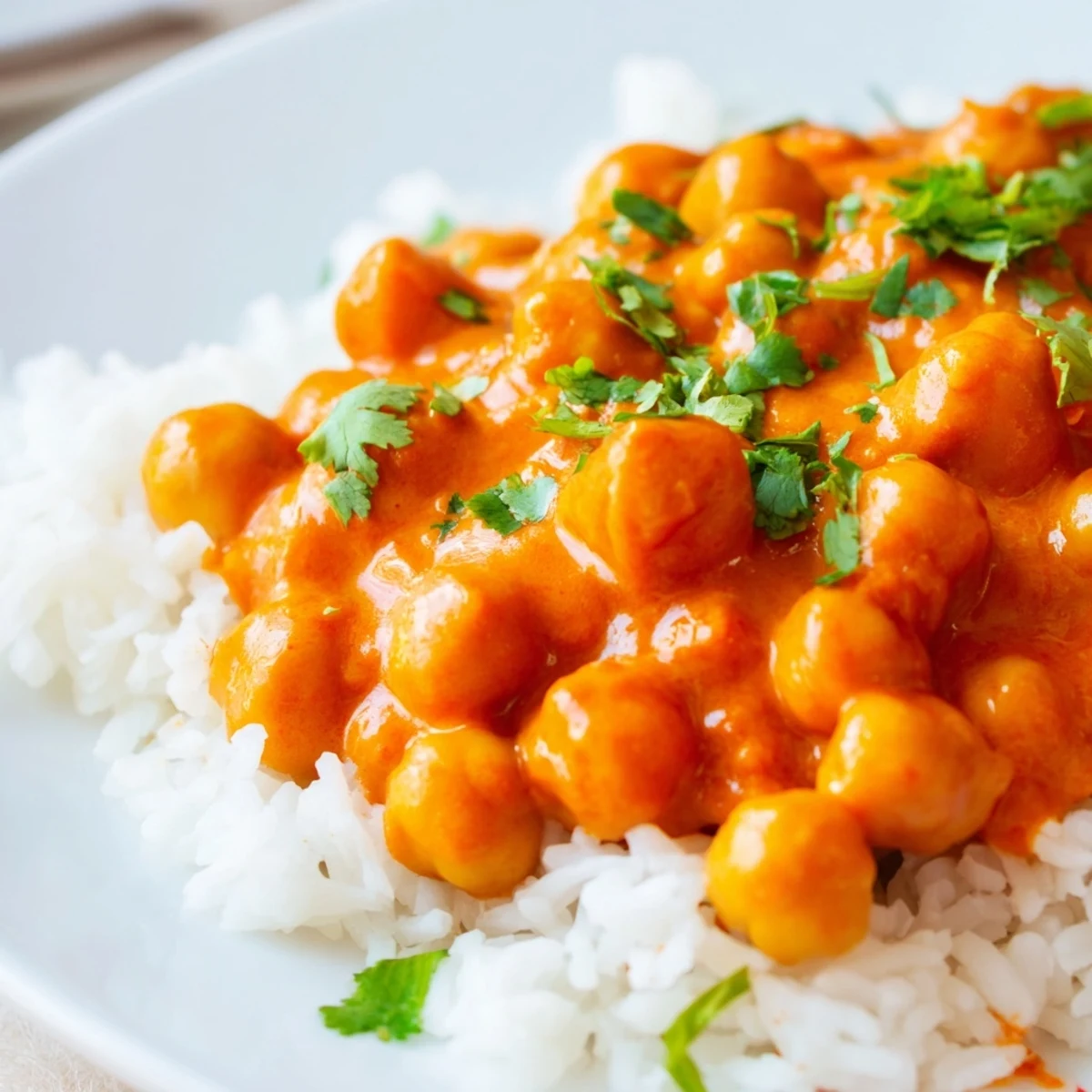 Creamy vegan chickpea tikka masala with fluffy basmati rice, topped with fresh cilantro and a lemon wedge.