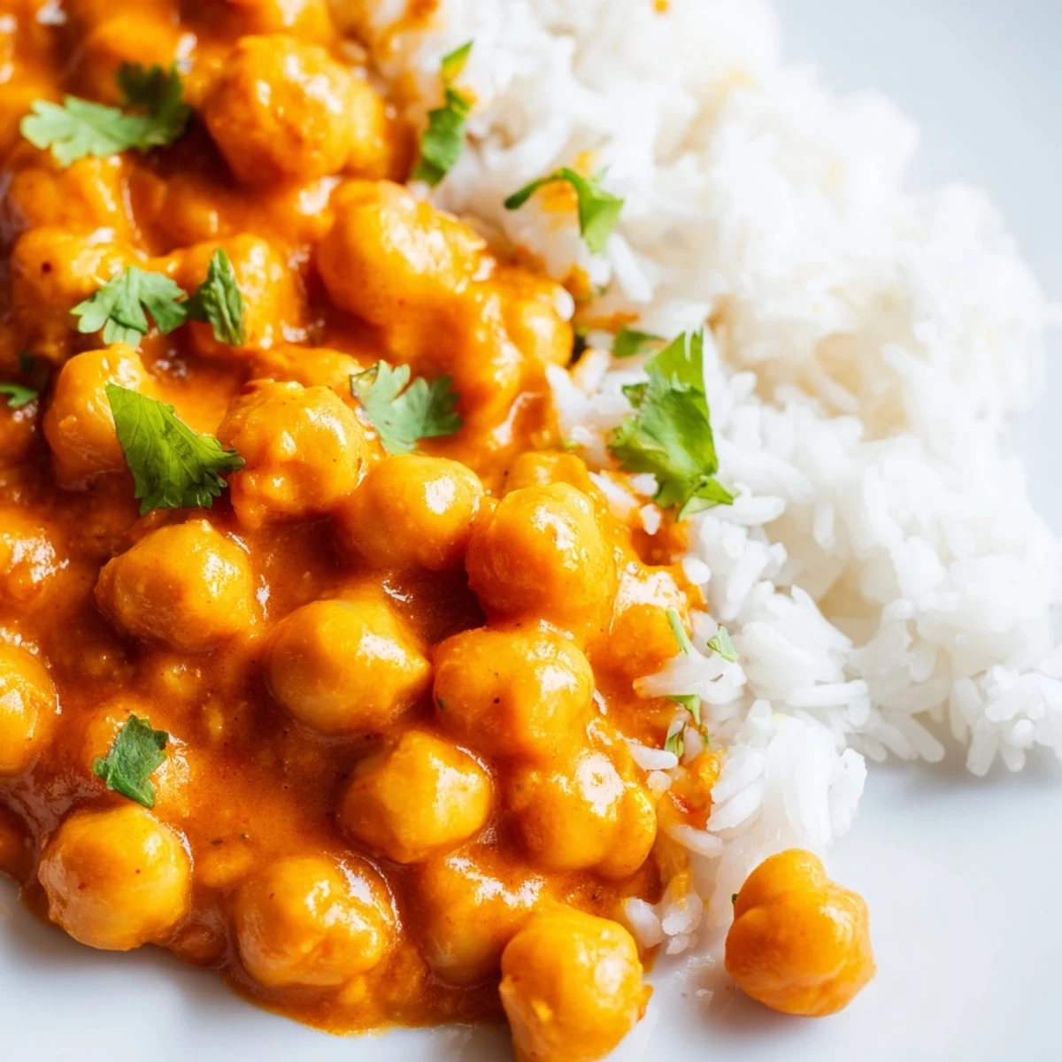 Tender chickpeas simmered in a vibrant spiced tomato coconut sauce, served over steaming basmati rice.