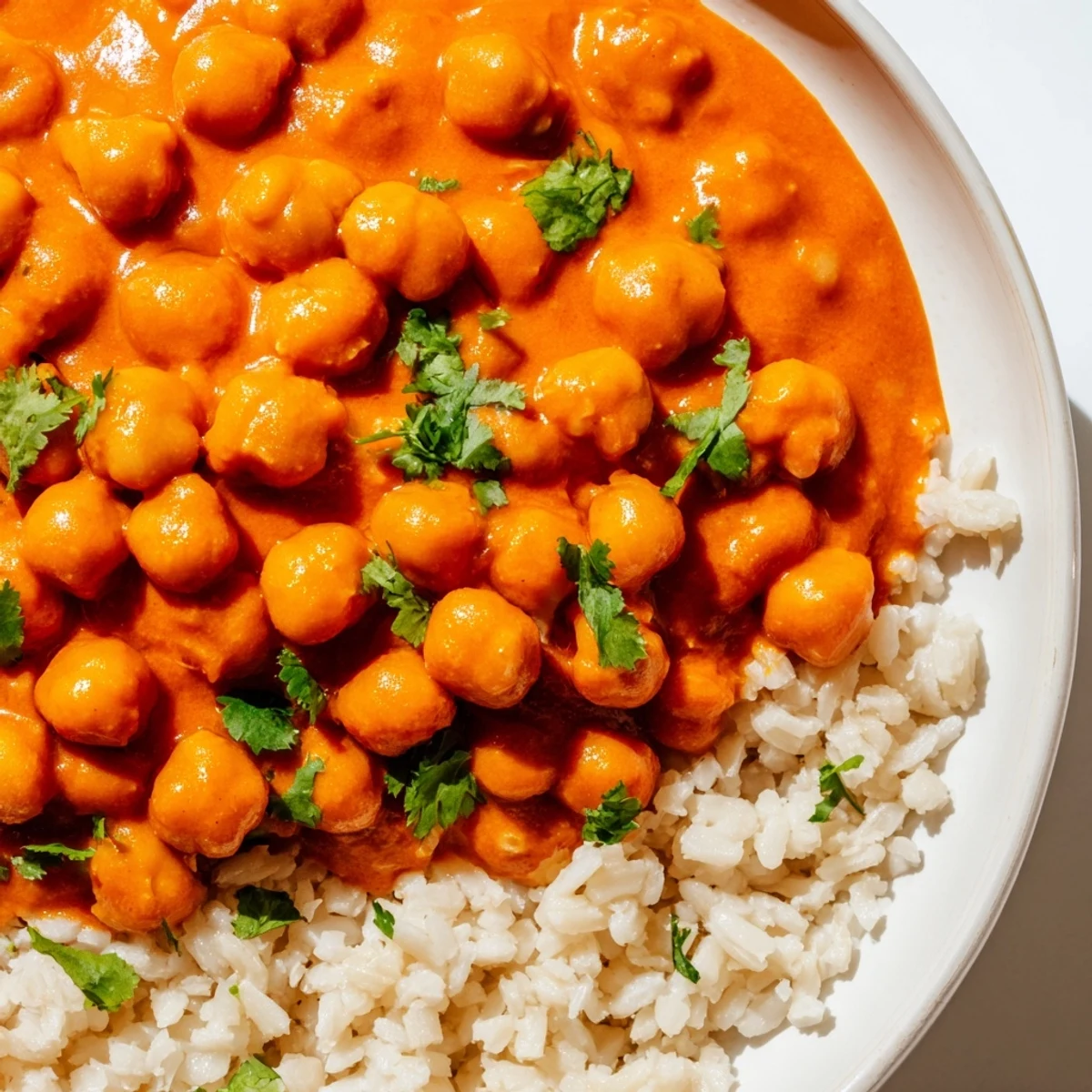A plate of homemade chickpea tikka masala with rice, garnished with cilantro and a lemon wedge.