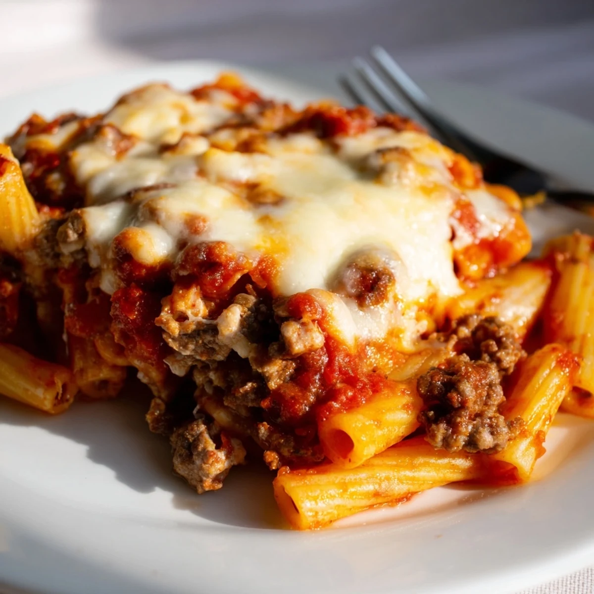 Freshly baked ziti with ground beef and marinara bubbling from a 9x13-inch dish, showcasing a golden, cheesy crust.