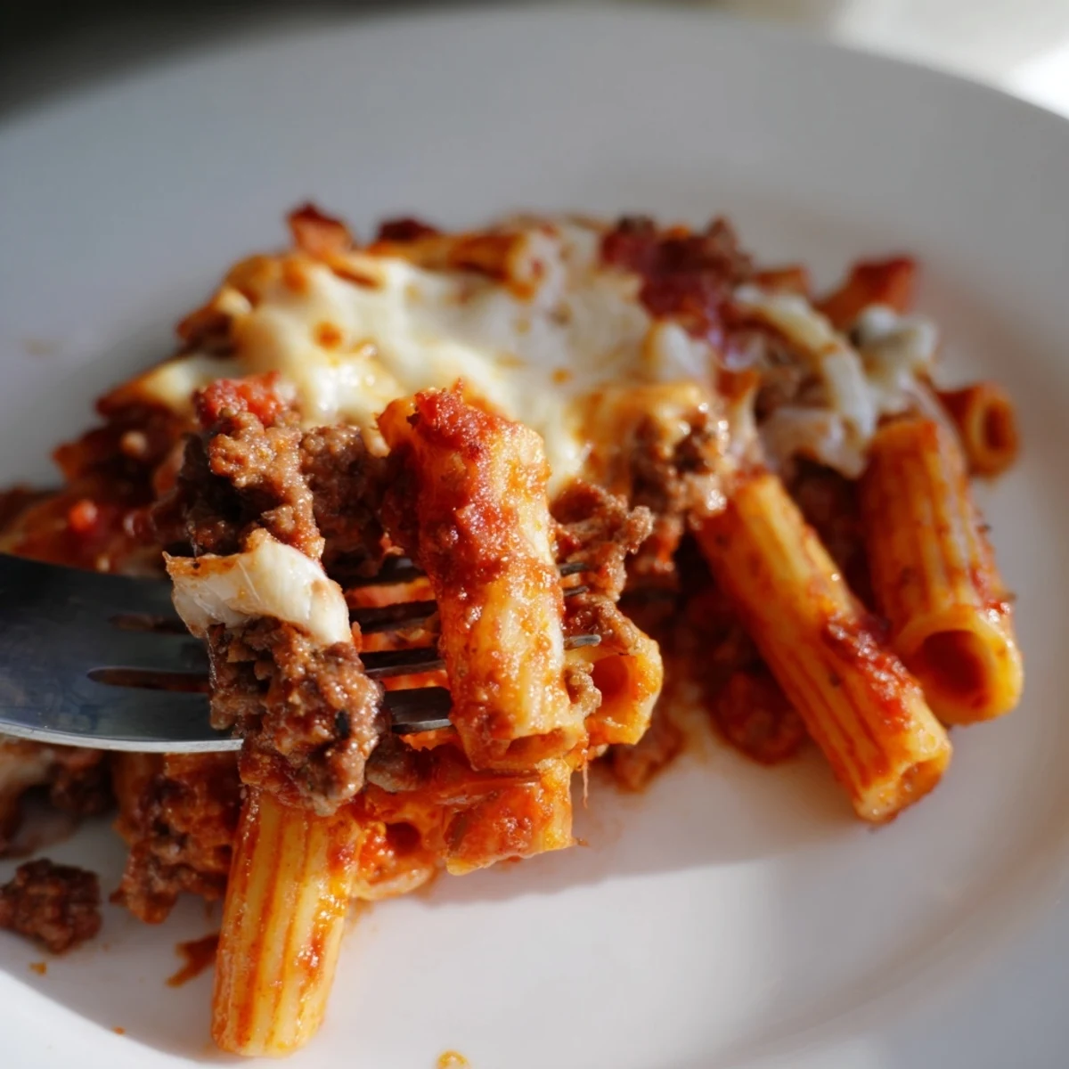 A close-up of tender ziti pasta tossed with savory ground beef, rich marinara, and melted mozzarella and ricotta.