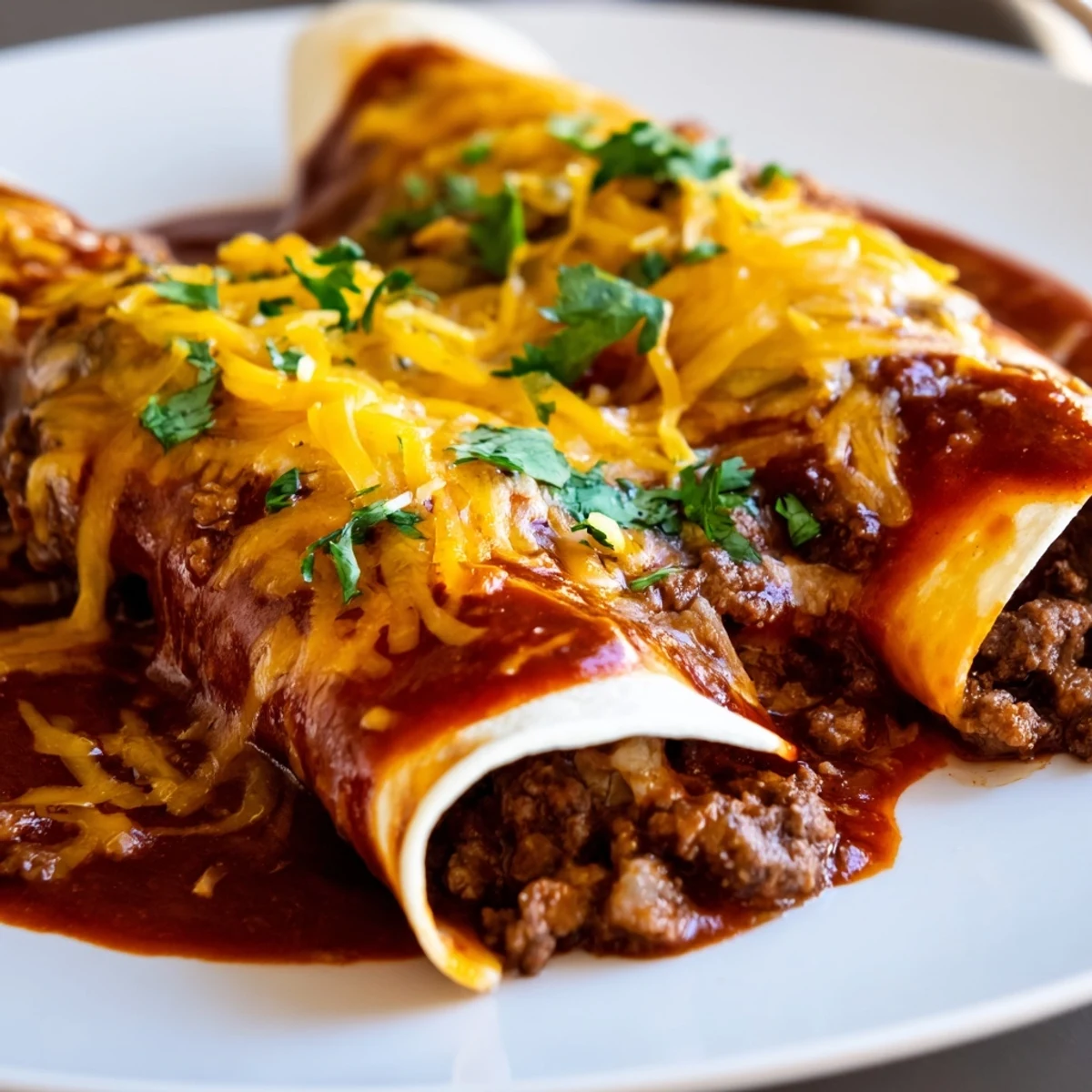 Freshly baked Beef Enchiladas with Red Enchilada Sauce featuring gooey melted cheese and cilantro garnish.