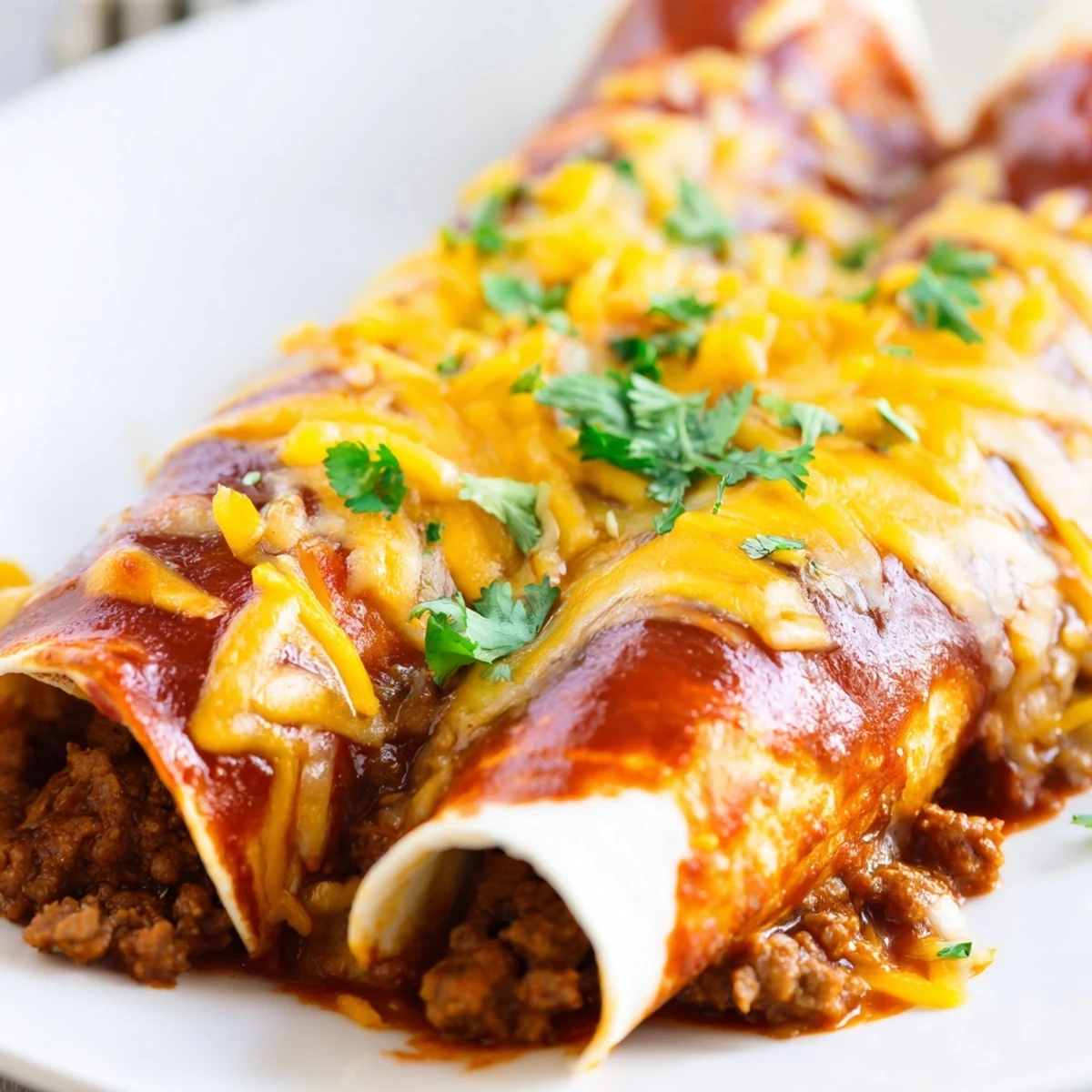 Beef Enchiladas with Red Enchilada Sauce baked until bubbling with melted cheese and garnished with fresh cilantro.