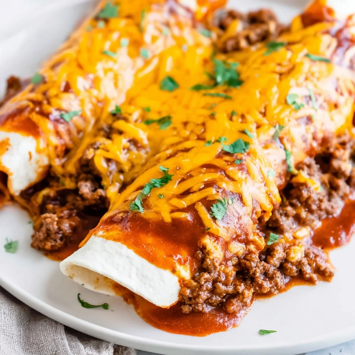 Serve these Beef Enchiladas with Red Enchilada Sauce alongside sour cream, Spanish rice, and guacamole.