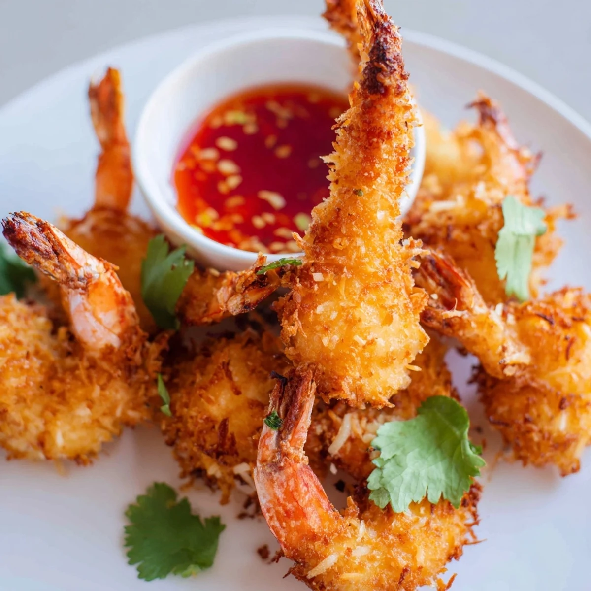 Crispy Coconut Shrimp with Sweet Chili Sauce rests on a plate, garnished with fresh cilantro and lime wedges for a zesty finish.