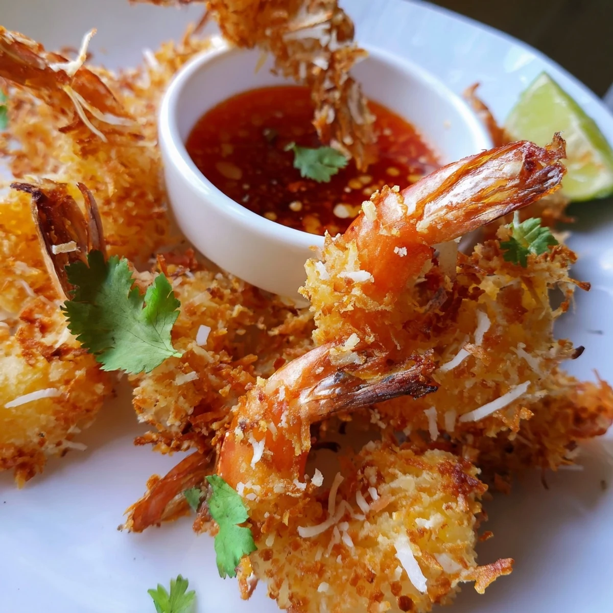 Perfectly golden Crispy Coconut Shrimp with Sweet Chili Sauce paired with a chilled lager, ideal for game day snacking.