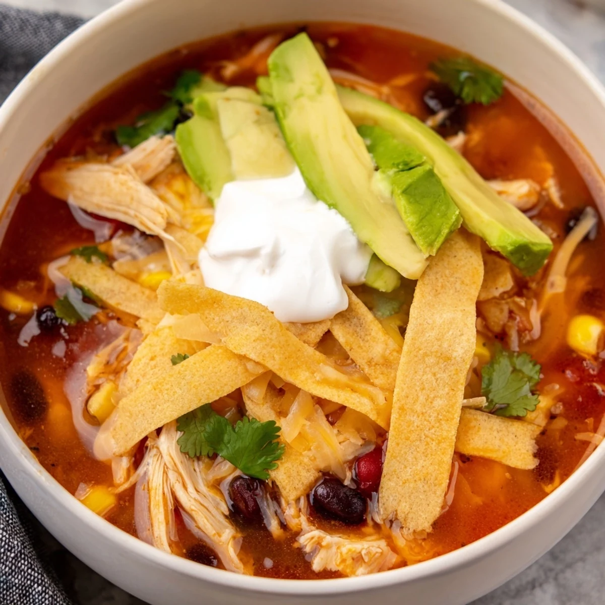 Steaming Chicken Tortilla Soup with Crispy Strips and lime wedges, ready for a cozy dinner.