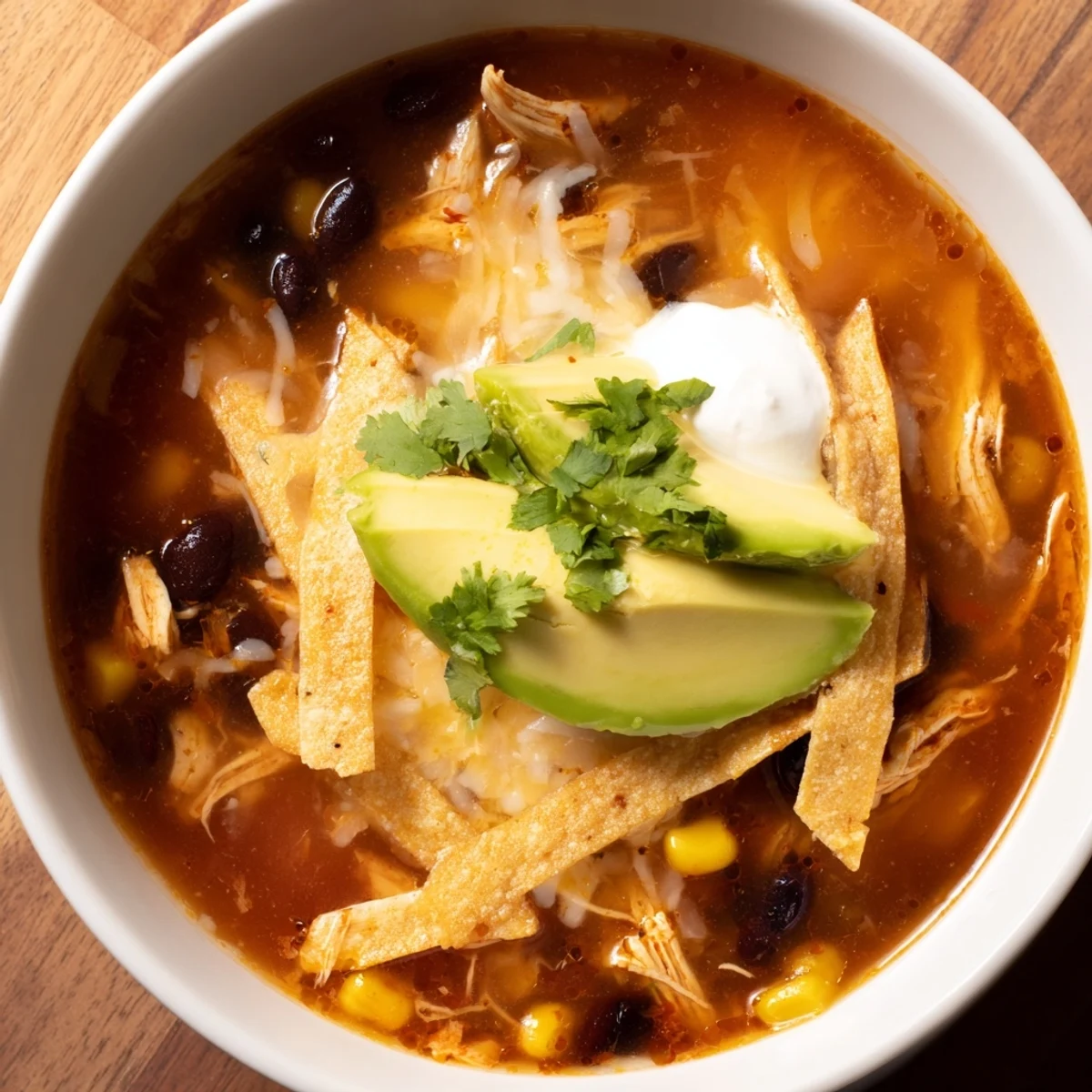 Hearty bowl of Chicken Tortilla Soup with Crispy Strips, garnished with avocado and fresh cilantro.