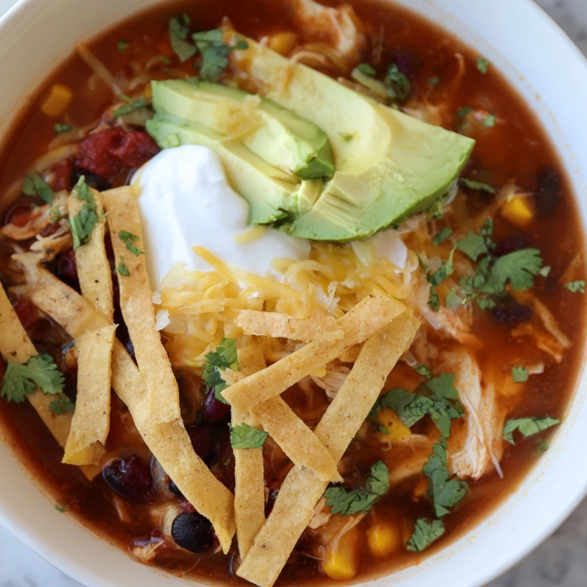 Close-up of Chicken Tortilla Soup with Crispy Strips, topped with melted cheese and sour cream.