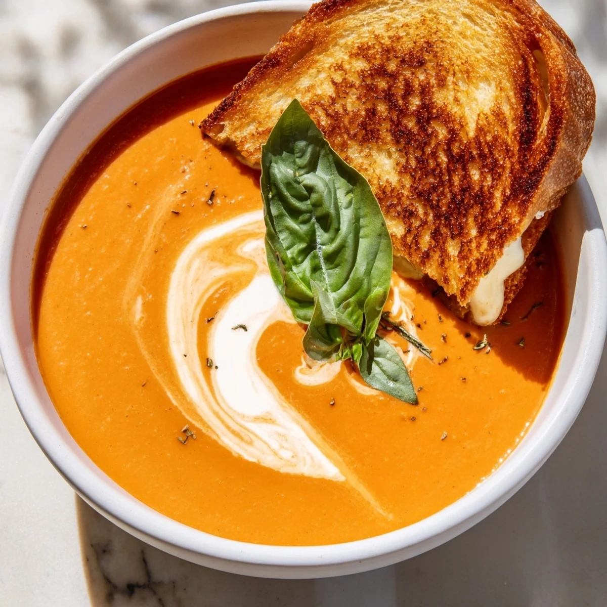 Creamy Tomato Basil Bisque with Grilled Cheese served hot, topped with fresh basil alongside a golden-brown, melted cheese sandwich.