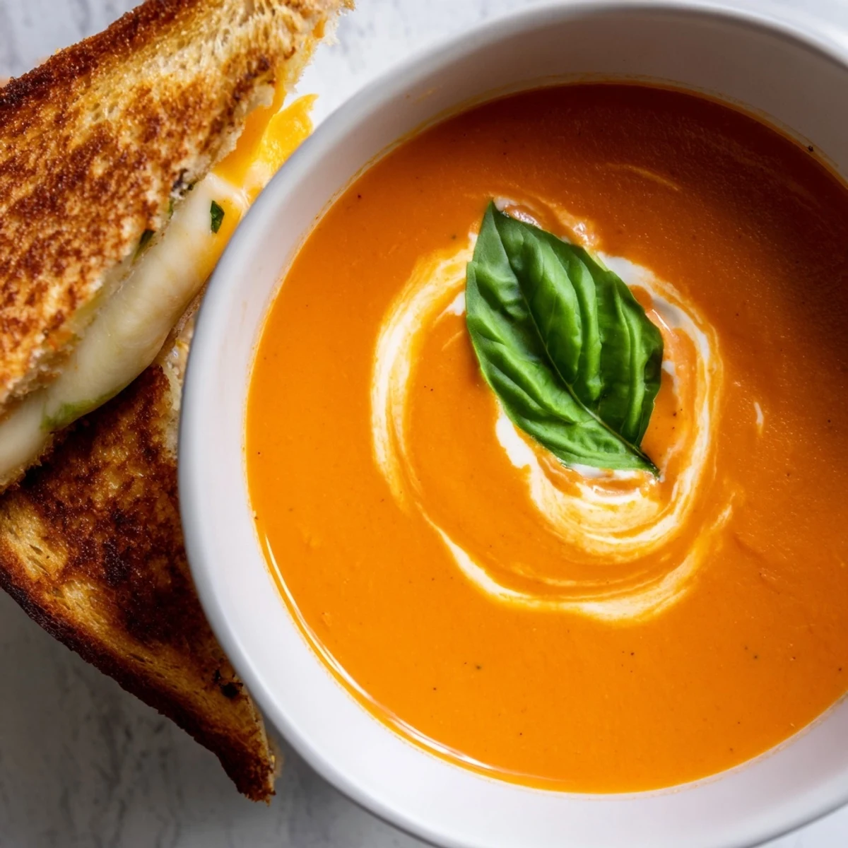 Creamy Tomato Basil Bisque with Grilled Cheese on a rustic plate, featuring gooey cheddar and mozzarella in buttery sourdough bread.