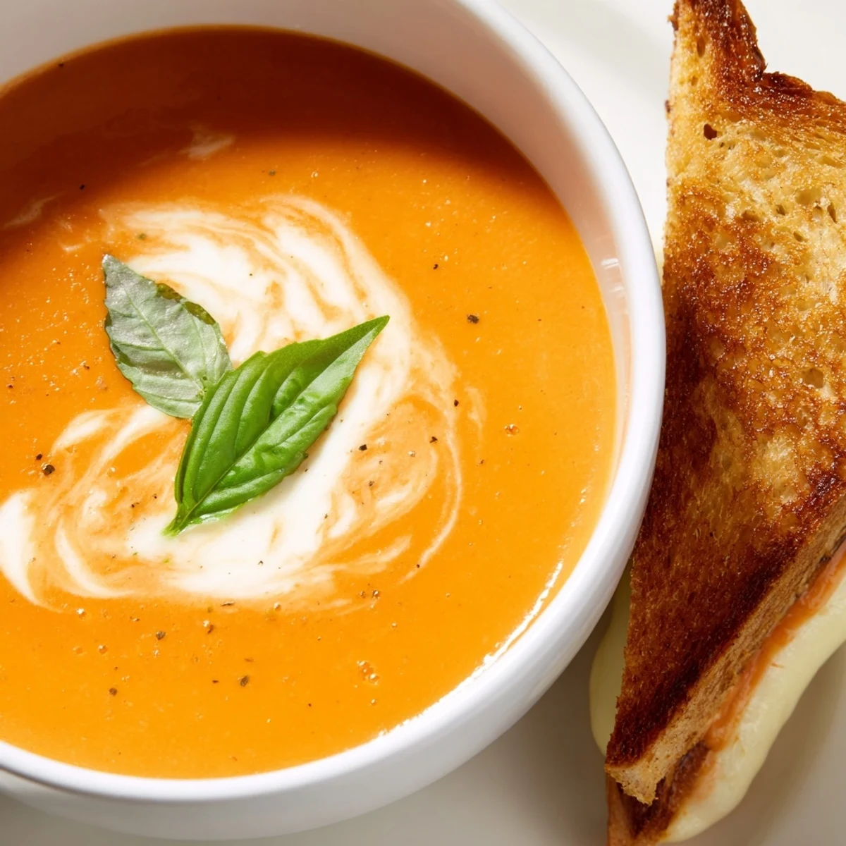 A cozy bowl of Creamy Tomato Basil Bisque with Grilled Cheese, perfect for dipping into the velvety, aromatic tomato soup.