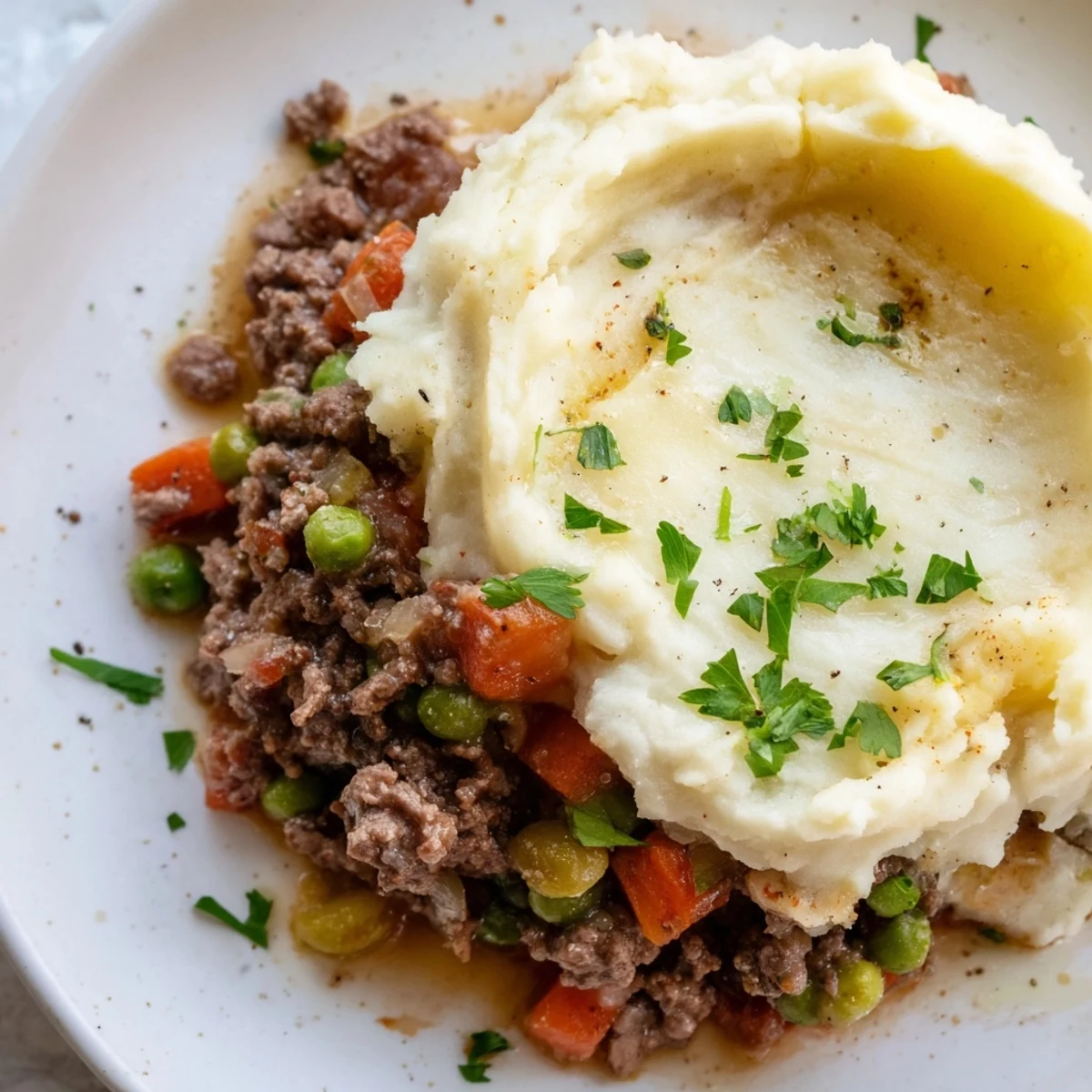 Steam rises from the savory Beef Shepherds Pie with Cauliflower Mash Topping, revealing fluffy Parmesan-spiked mash and rich beef filling.