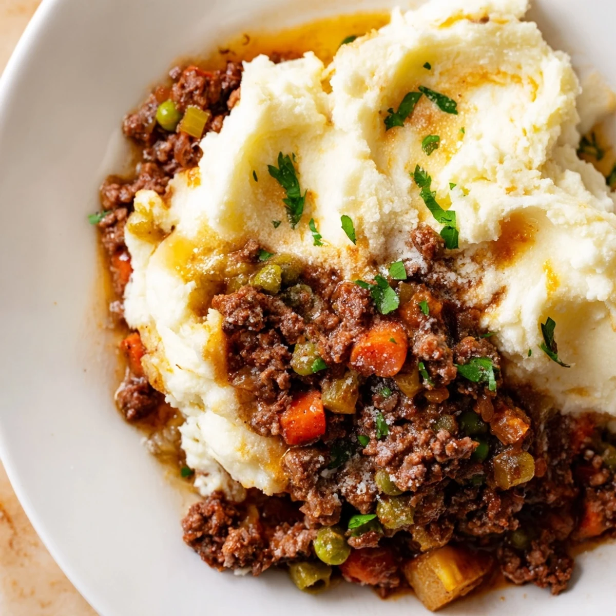 A single serving of Beef Shepherds Pie with Cauliflower Mash Topping plated beside a crisp green salad.