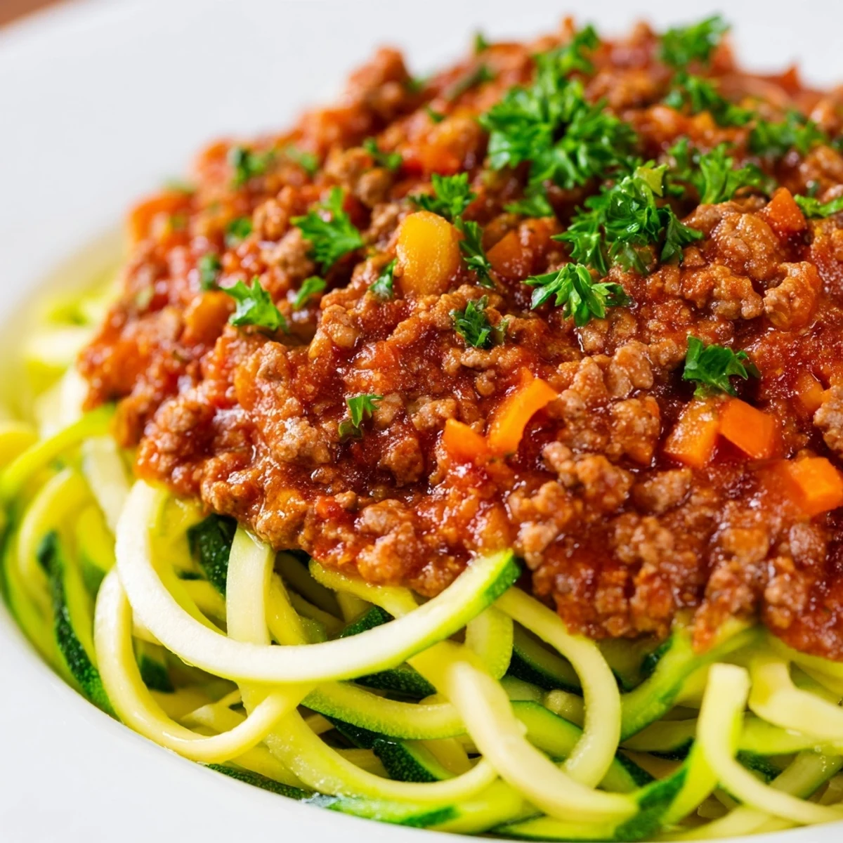 Ground turkey Bolognese sauce spooned over tender spiralized zucchini noodles in a white bowl, garnished with fresh parsley.