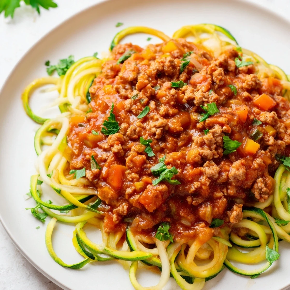 A rustic skillet of rich turkey Bolognese sauce beside bright green spiralized zucchini noodles for a healthy Italian dinner.