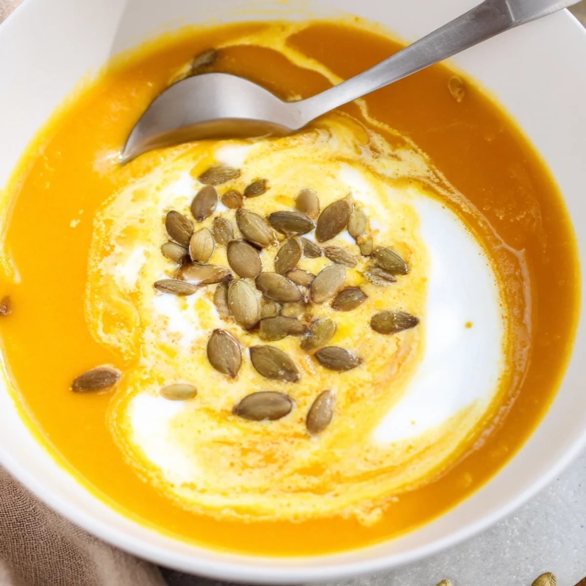 Creamy Pumpkin Soup with Toasted Pumpkin Seeds in a rustic white bowl, garnished with fresh seeds and parsley.