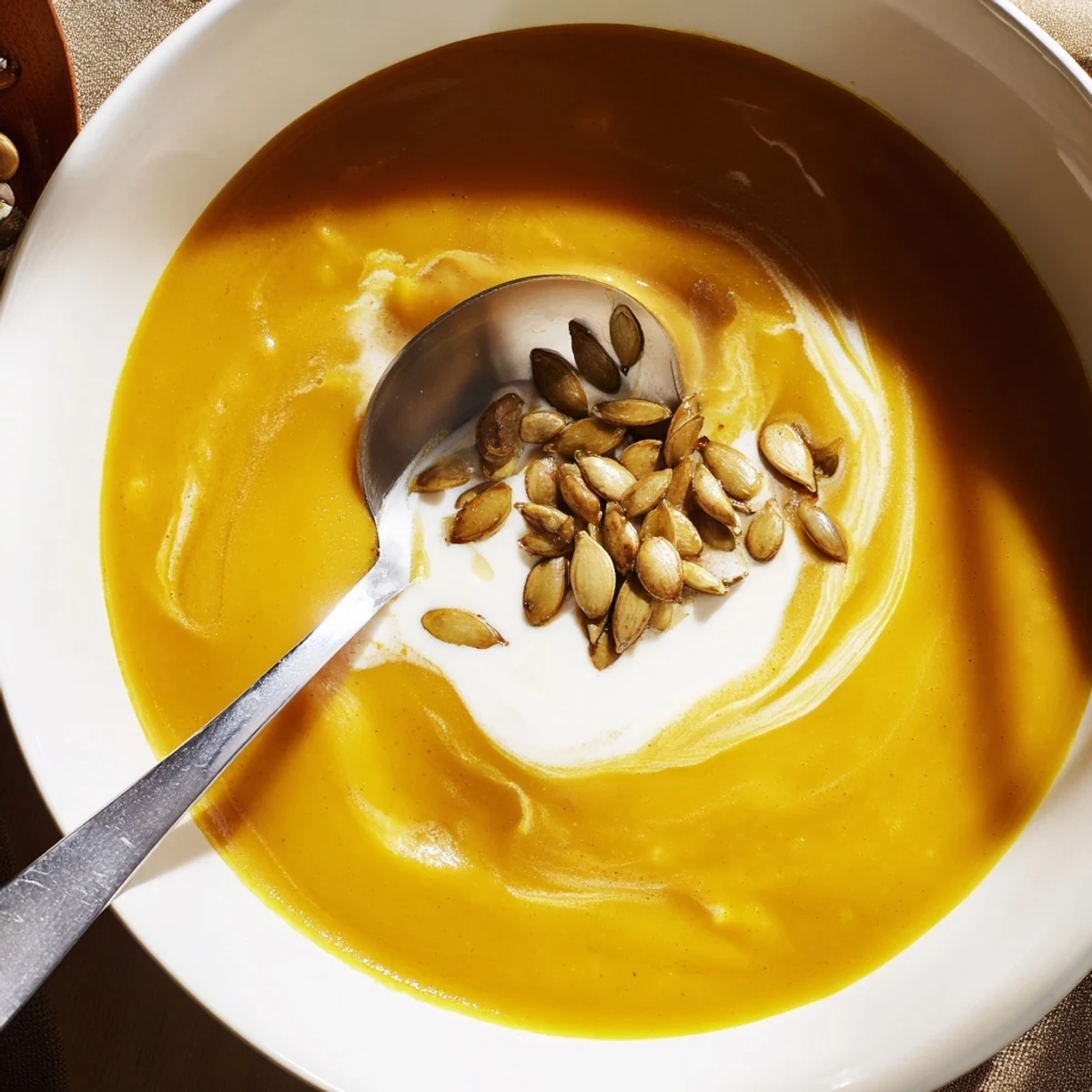 A steaming bowl of Creamy Pumpkin Soup with Toasted Pumpkin Seeds served beside crusty artisan bread.