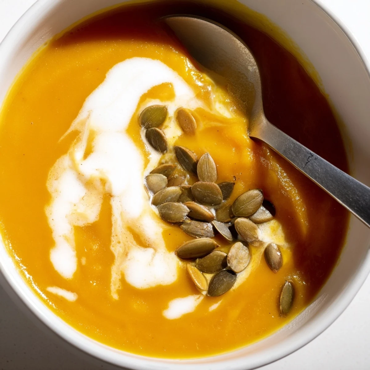 Velvety Creamy Pumpkin Soup with Toasted Pumpkin Seeds swirled with cream and cracked black pepper.