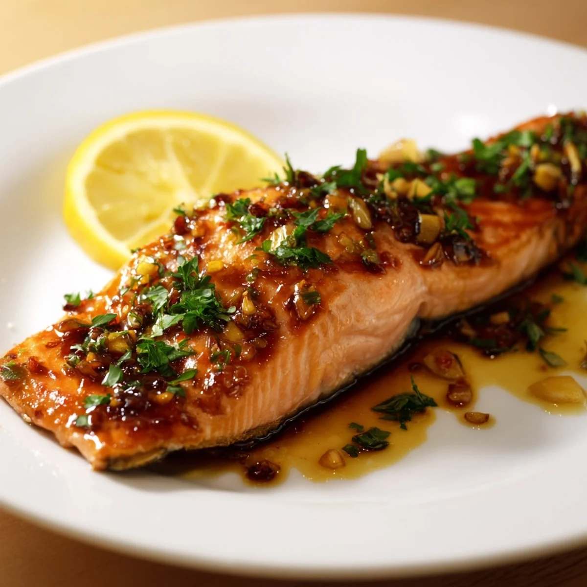 Tender baked salmon fillet with a glossy honey garlic soy glaze, served hot with lemon wedges and cilantro garnish.